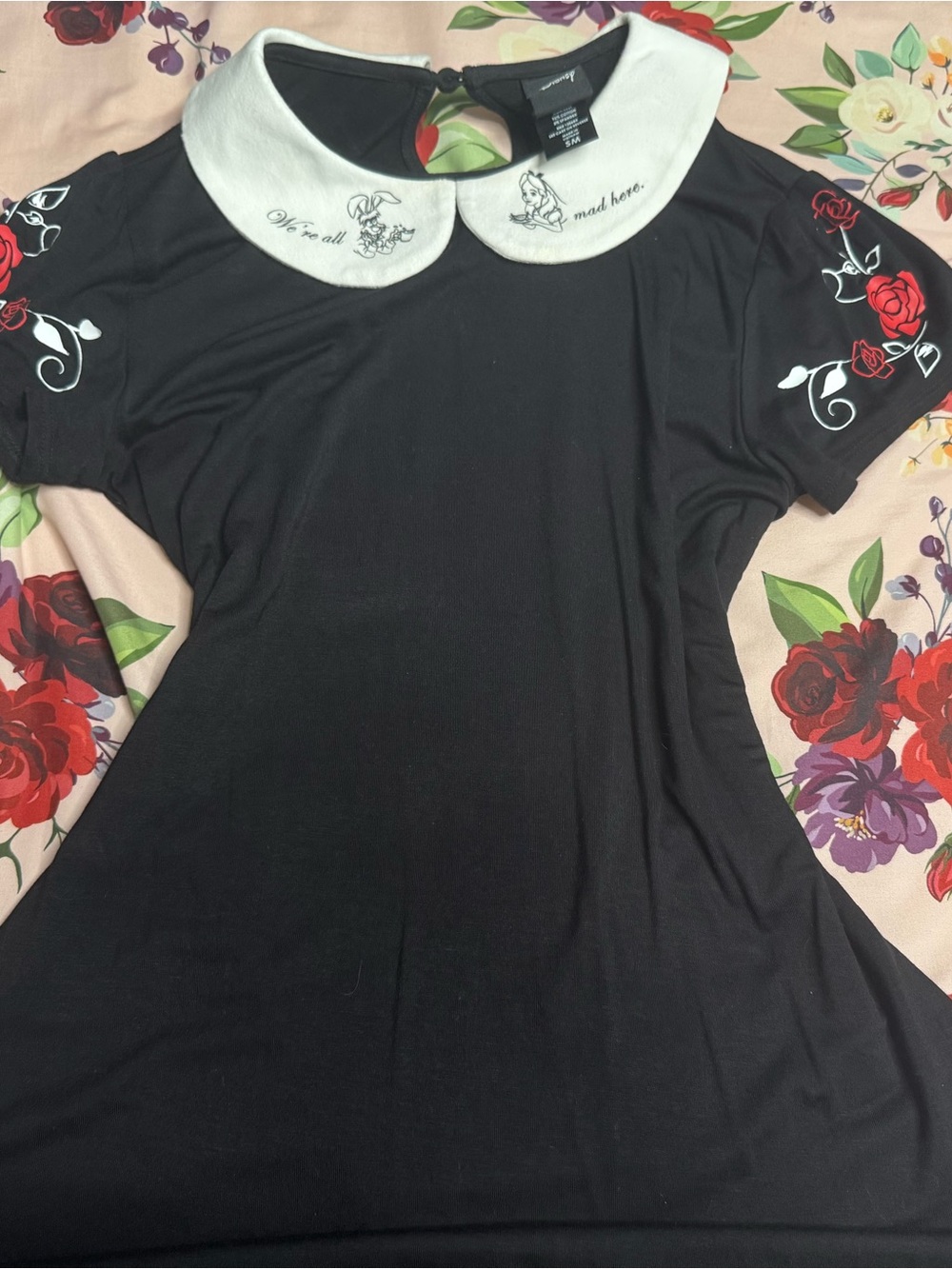Disney Black Short Sleeve Top with White Peter Pan Collar and Red Rose Accents